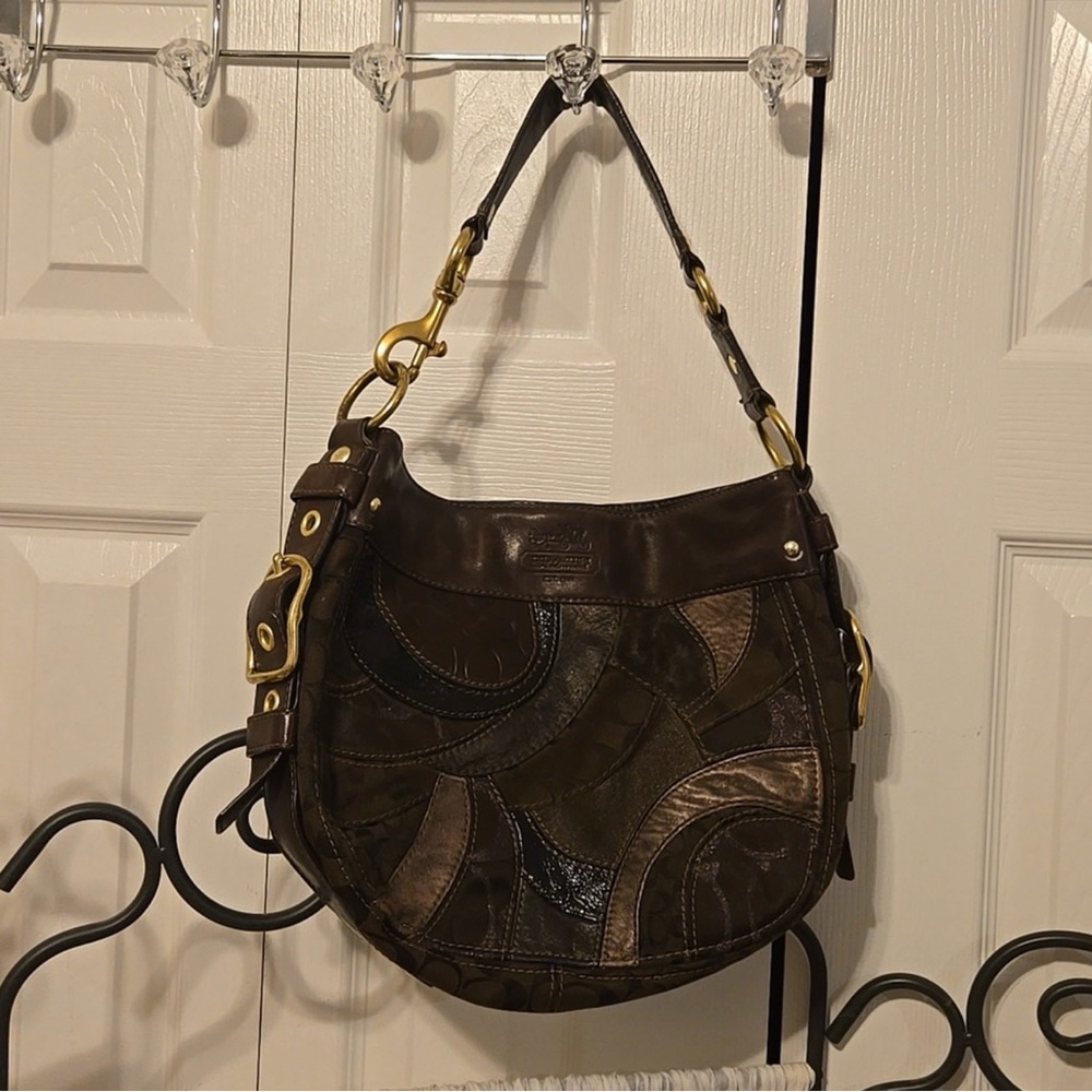 Coach Patchwork Leather Shoulder Bag in Dark Brown with Brass Hardware